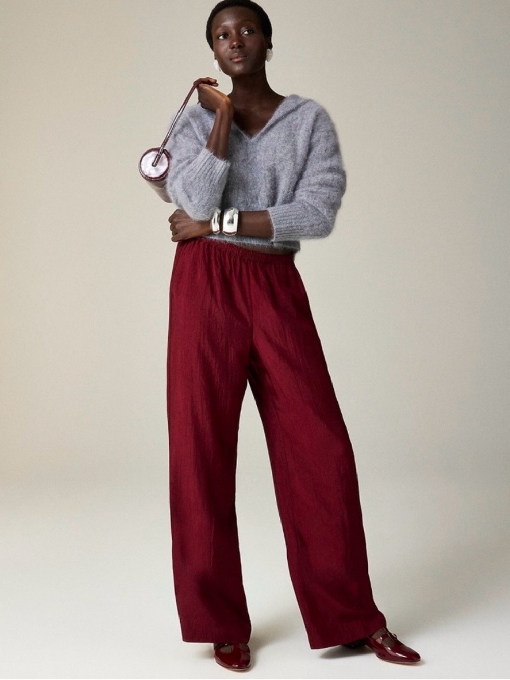 J. Crew Stratus Pant Textured Satin Burgundy M Pull On Elastic Relaxed Fit Red